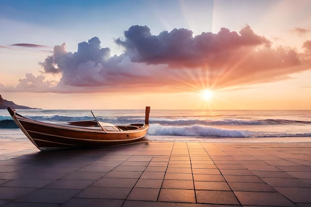 A boat on the beach at sunset