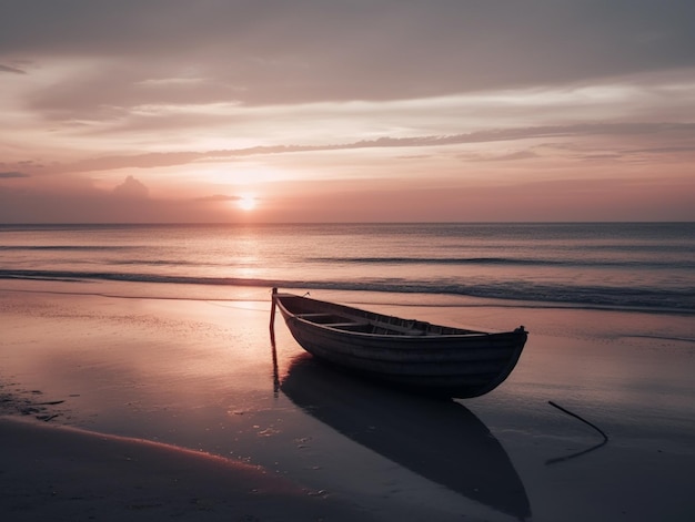 A boat on the beach at sunset