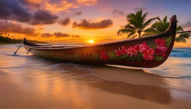 a boat on the beach with flowers in the background