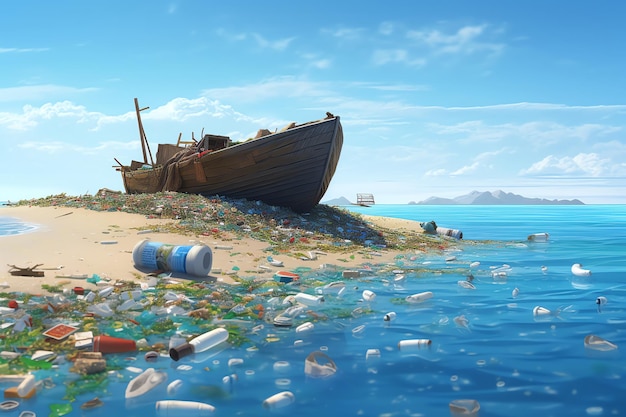 A boat on a beach with a lot of trash in the water.