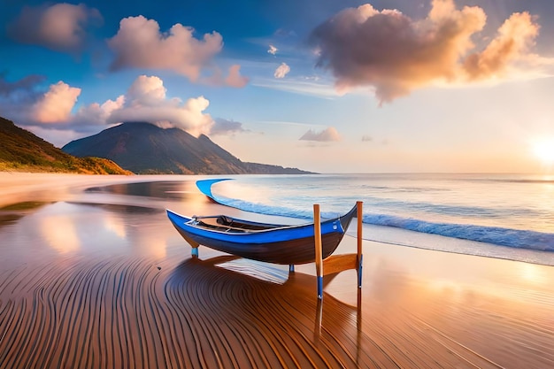 A boat on the beach with a mountain in the background