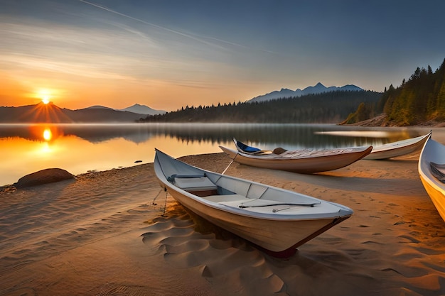 A boat on a beach with mountains in the background