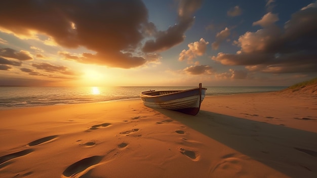 A boat on the beach with the sun setting behind it