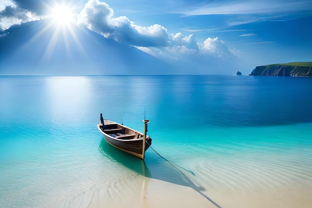 Boat on a beach with the sun shining on the water