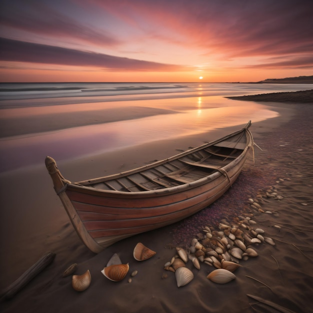 a boat on the beach with a sunset in the background.