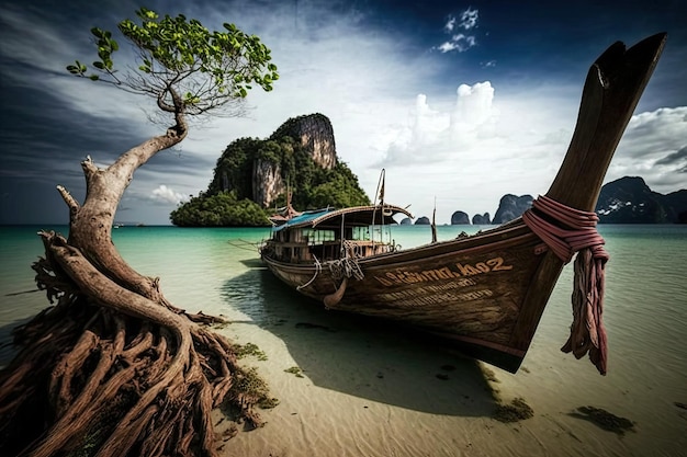 A boat on a beach with a tree in the background