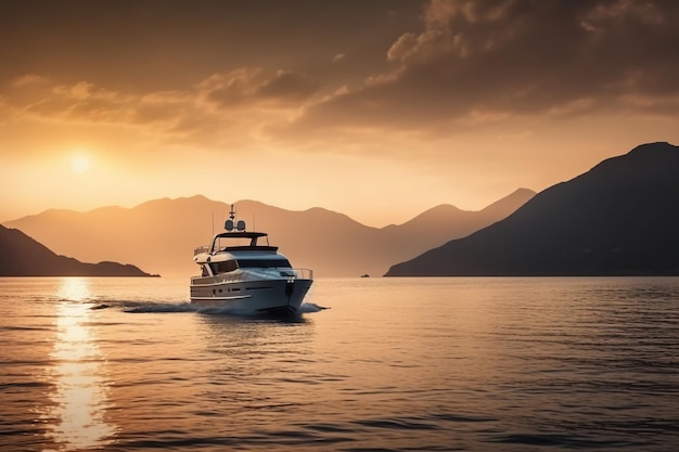 A boat in a body of water with mountains in the background