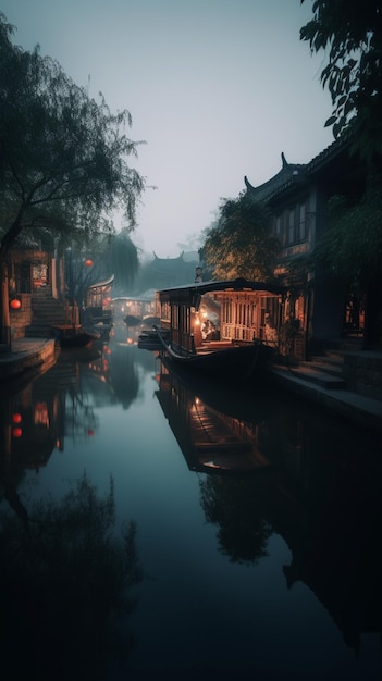 A boat on a canal in the evening