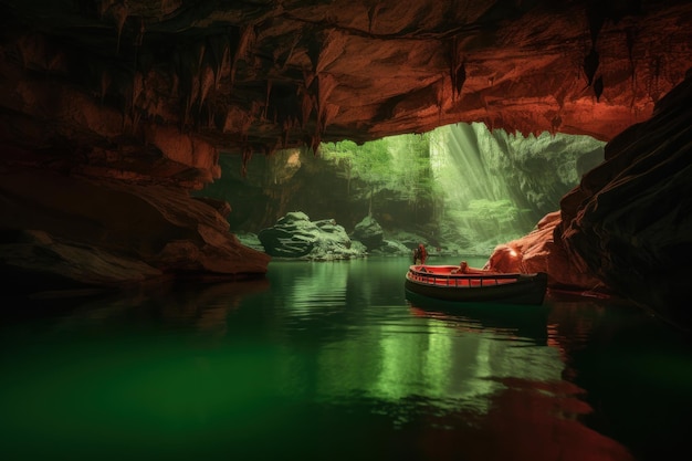 A boat in a cave with a green light on the bottom.