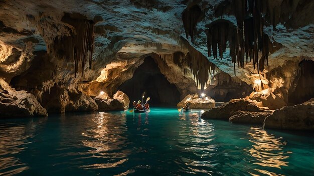 Photo a boat in a cave with a light on the inside