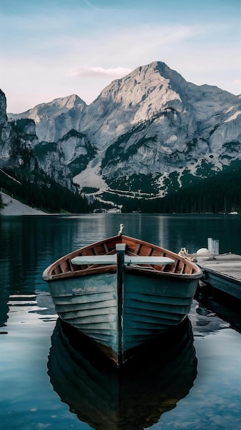 Boat docked in calm lake of a dreamy landscape with beautiful mountain