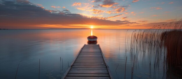 Photo boat docked at sunset