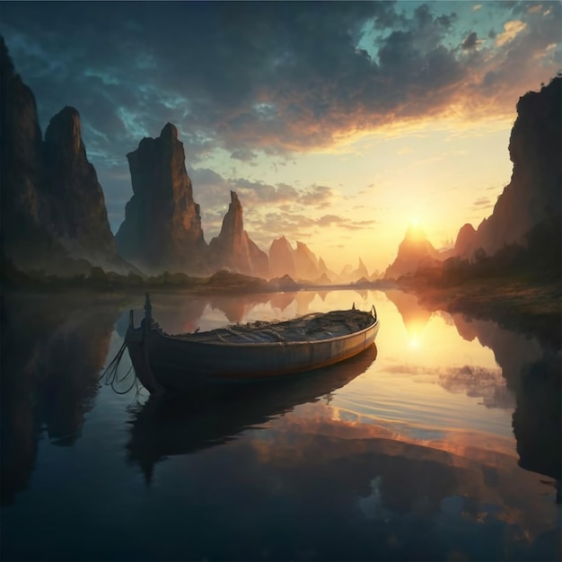 Boat floating in the Mystical River in sunset