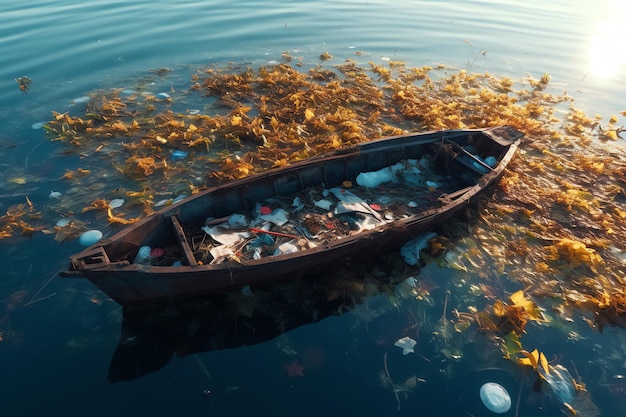 A boat floating in the water with a lot of trash on it.