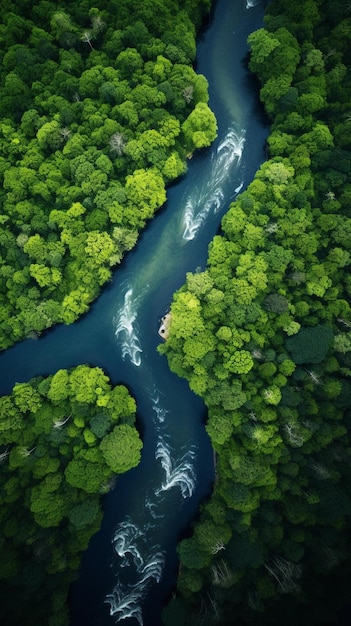 a boat floats through a river in the forest.