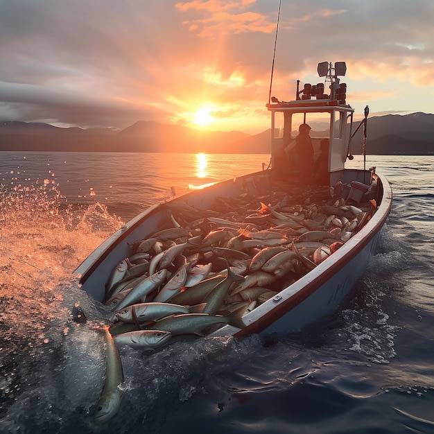 Photo a boat full of fish is carrying a fishing boat full of fish