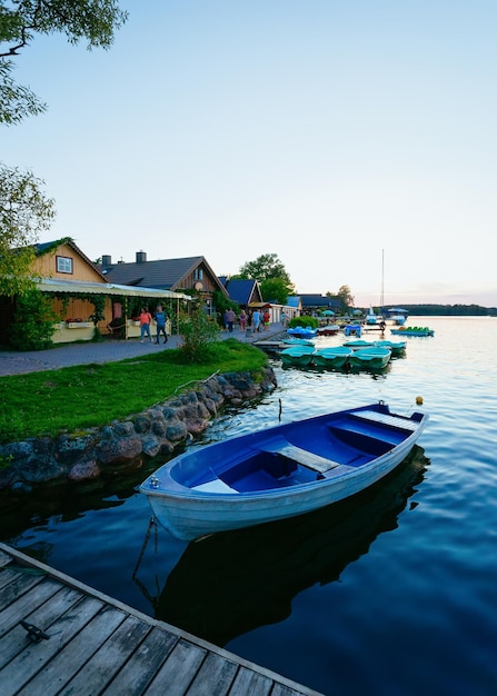 Boat on the Galve Lake in Trakai in Lithuania at sunset.