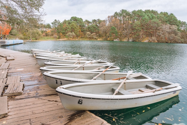 Boat on Goshikinuma or Five Colored Pond in autumn in Fukushima prefecture, Japan