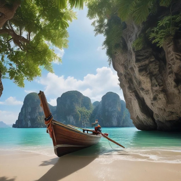 Photo a boat is on the beach and the man is sitting in the water