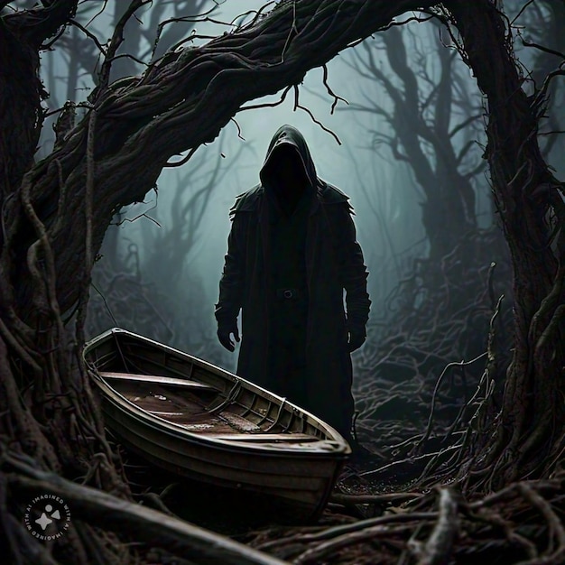 Photo a boat is in the dark with a man in a dark forest