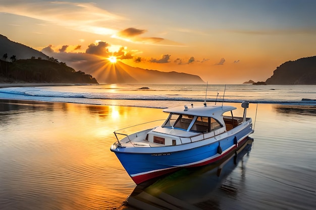 A boat is docked on the beach at sunset.