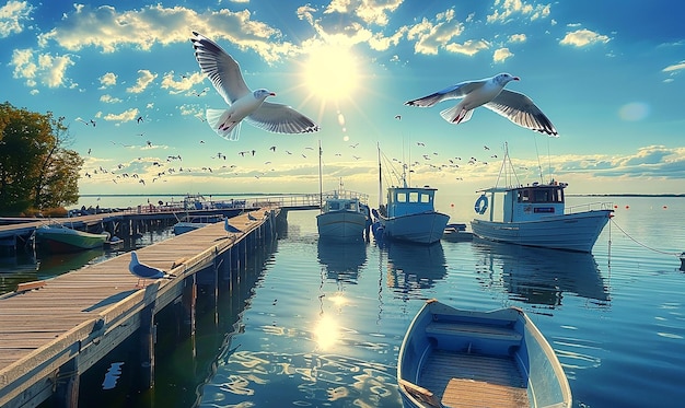 a boat is docked next to a boat with birds flying above it