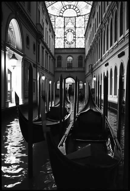 Photo a boat is docked in a canal with a large window in the background