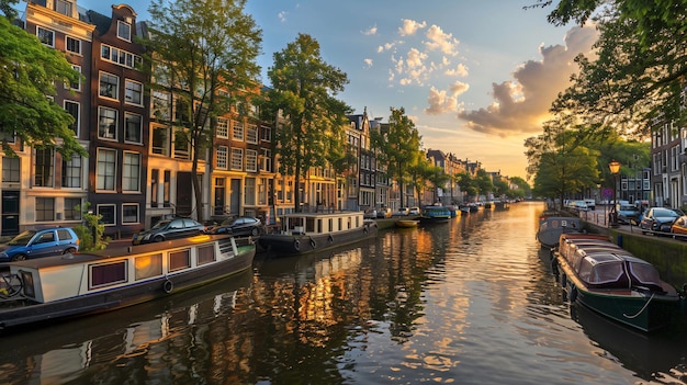 a boat is docked in a canal with the sun setting behind it