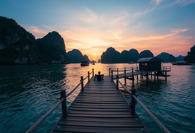 a boat is docked at a dock with a boat in the background