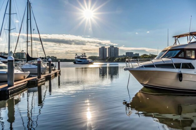 Photo a boat is docked at a dock with a boat in the background