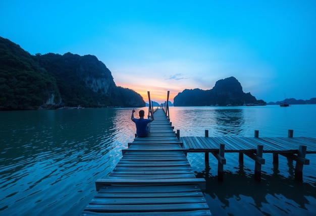 a boat is docked at a dock with two people on it