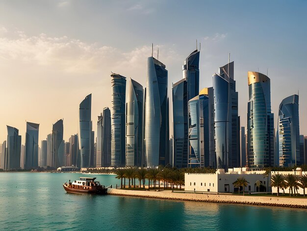 Photo a boat is docked in front of a skyscraper with a building in the background