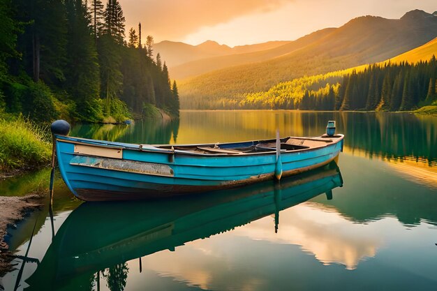 a boat is docked in a lake with a mountain backdrop.