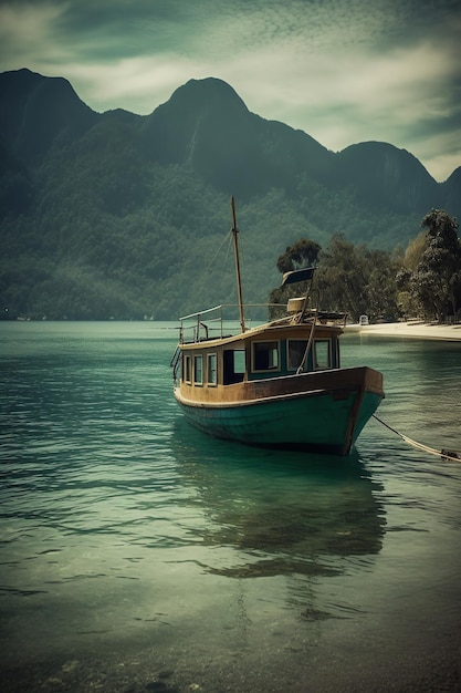 A boat is docked in a lake with mountains in the background.