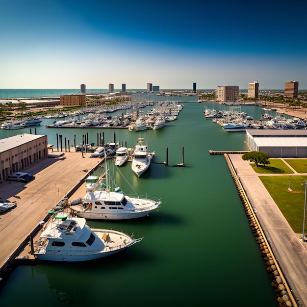 A boat is docked at a marina with a building in the background.