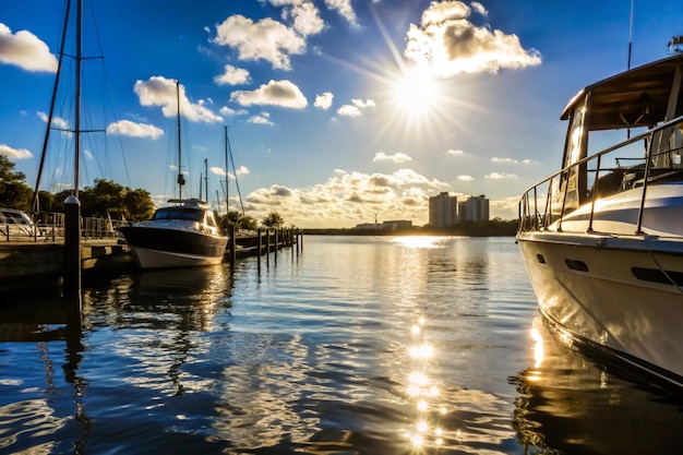 Photo a boat is docked at a marina with the sun shining on the water