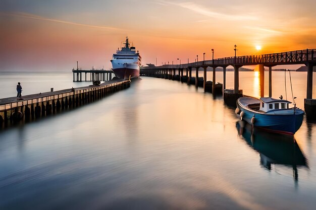 a boat is docked at a pier with the sun setting behind it.