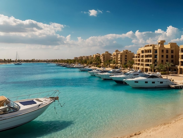 a boat is docked in the water with a blue stripe