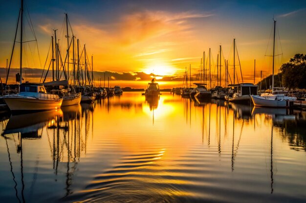 Photo a boat is docked in the water with the sun setting behind it