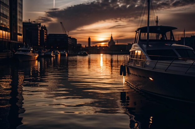 Photo a boat is docked in the water with the sun setting behind it