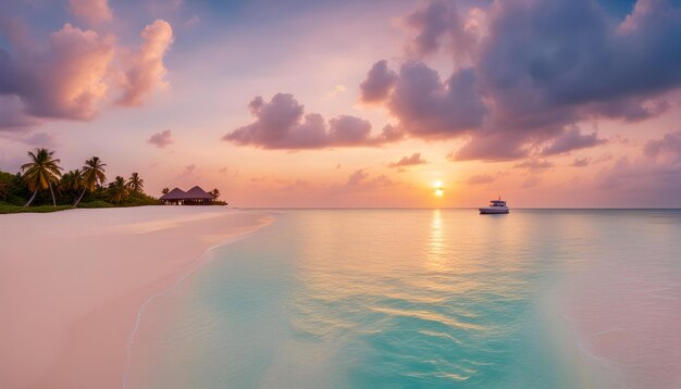 a boat is docked in the water with a sunset in the background