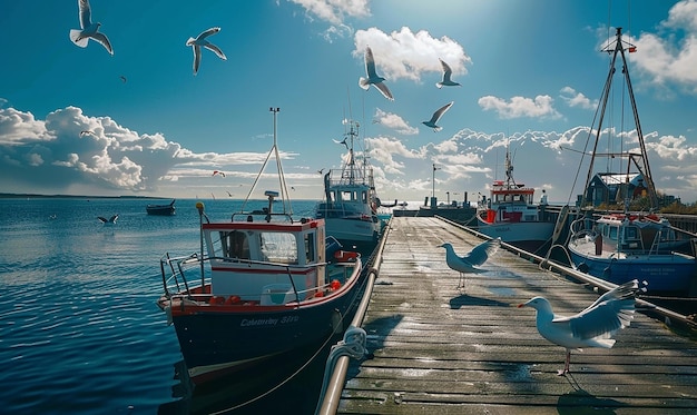 a boat is docked with birds flying around it