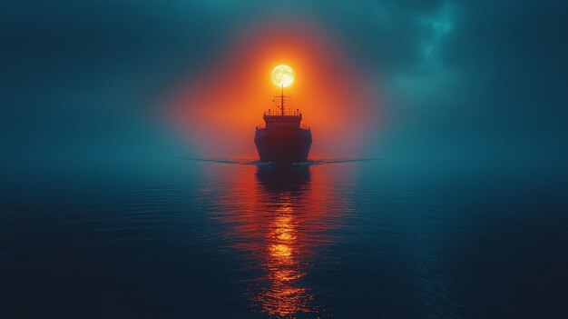 A boat is floating on a lake at night with a full moon in the sky The scene is serene and peaceful with the boat and the moon creating a sense of calmness and tranquility