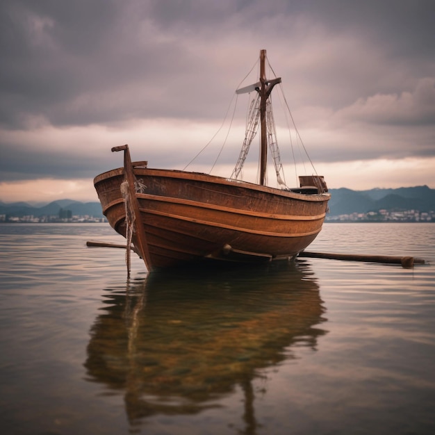 Photo a boat is floating in the water with a cloudy sky in the background