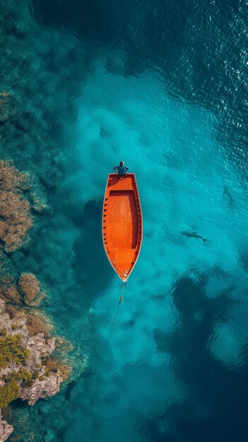 Photo a boat is floating on the water with a man swimming in the water