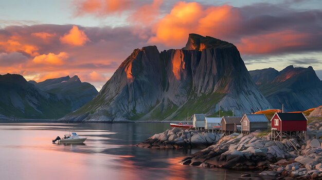 a boat is floating in the water with a mountain in the background