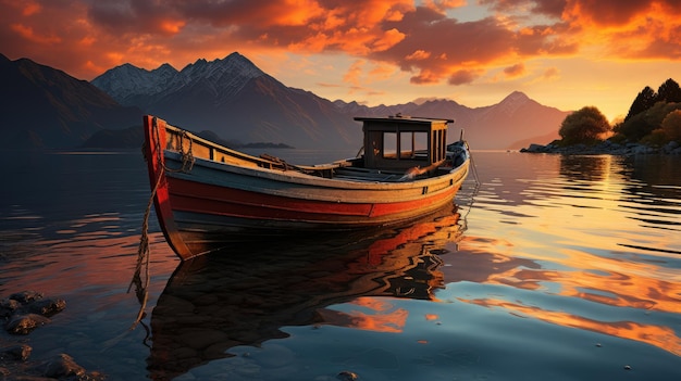 A boat is floating on the water with mountains in the background.