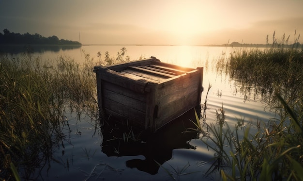 A boat is floating in the water with the sun setting behind it.