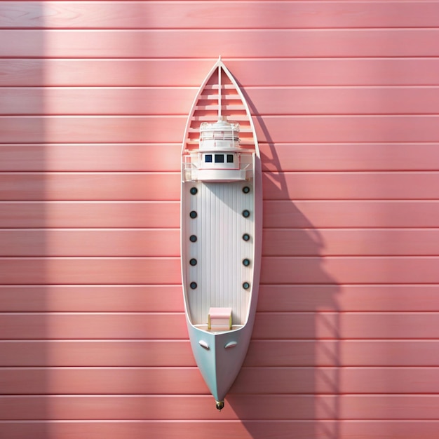 a boat is hanging on a pink wall with the number 8 on it