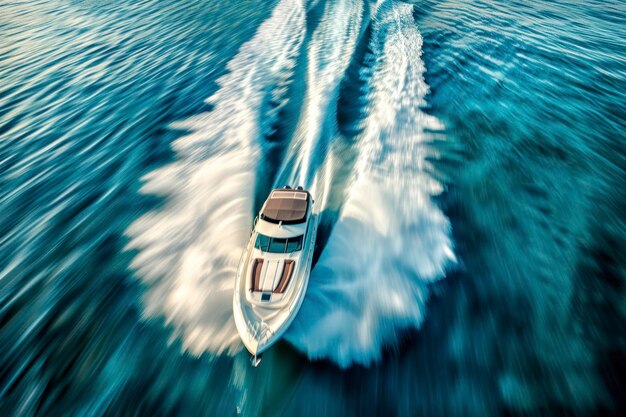 Photo the boat is moving at high speed on the sea a long wake follows the boat top view